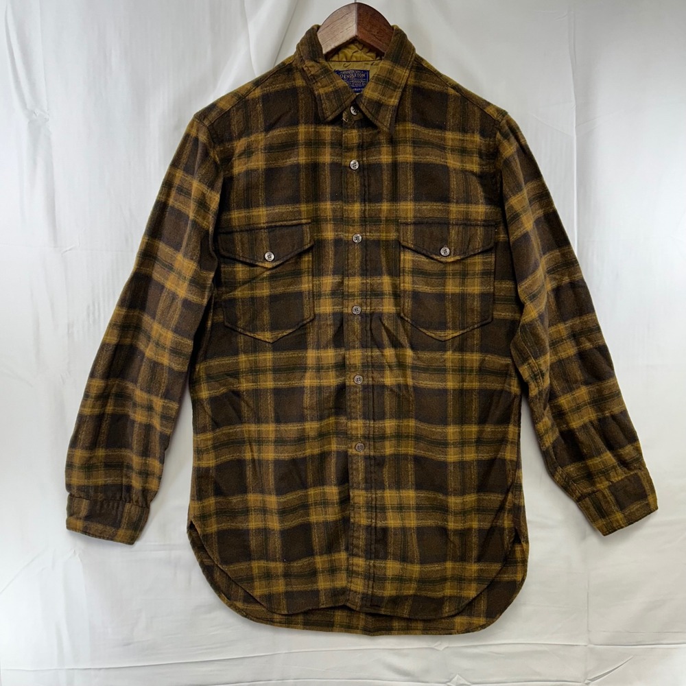 Pendleton Flannel Shirt Mens 15.5 Brown Plaid Virgin Wool Vintage USA 60s